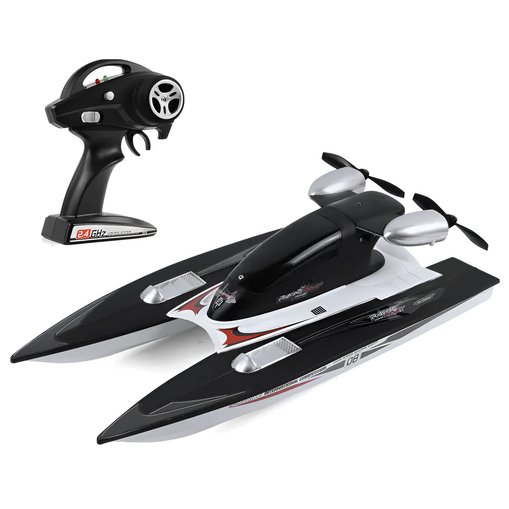 Black plastic high-speed 2.4G remote control toy boat with handle remote and spare propellers