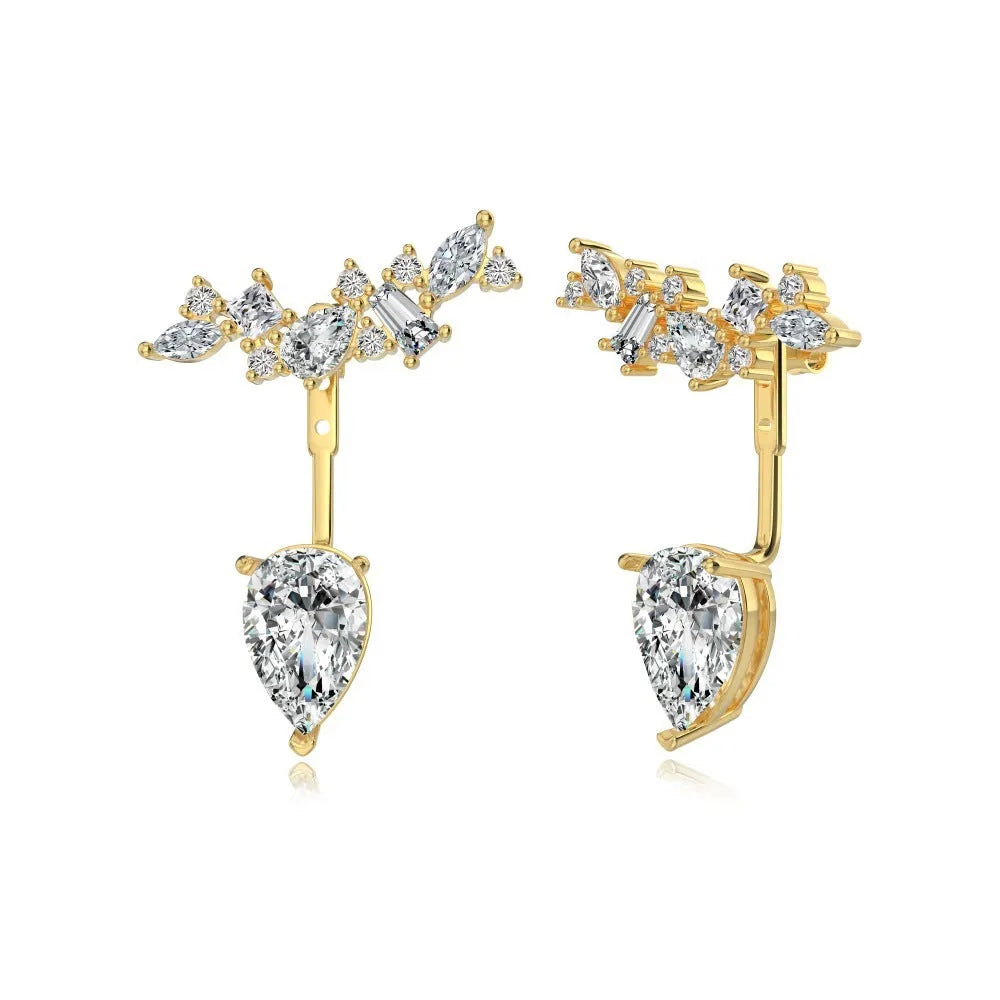 925 sterling silver pear-shaped ice flower cut dual-wear drop earrings in platinum white diamond colour