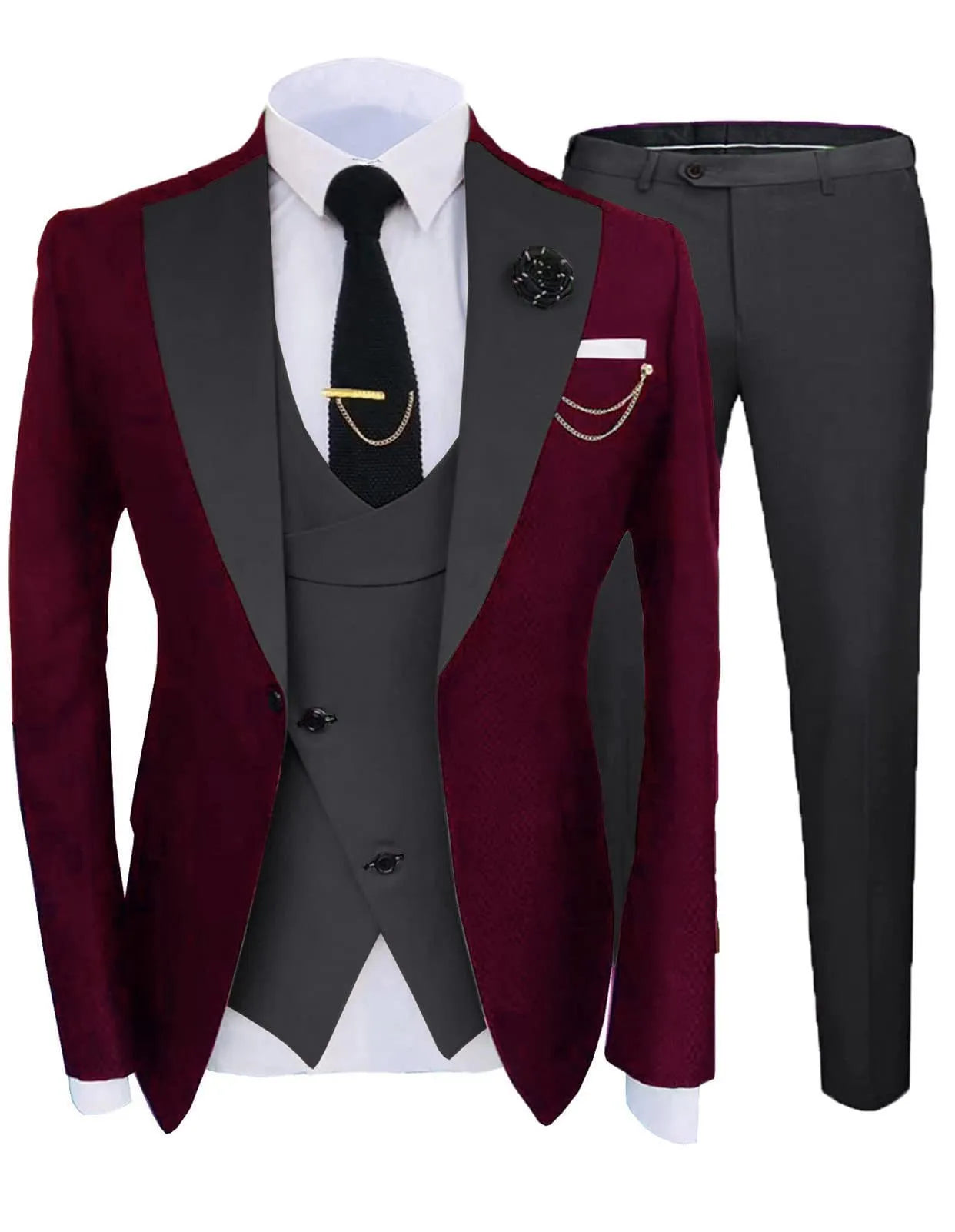 Men's slim fit cotton three-piece wedding suit in dark navy with coat, pants, and vest