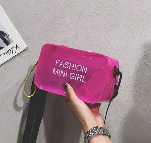 Clear square jelly shoulder bag with adjustable strap in various colours on a white background.