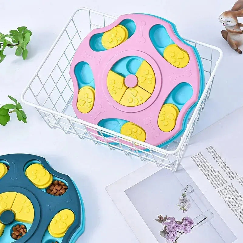 Blue dog puzzle feeder toy with interactive search-and-reward design for mental stimulation and slower eating.