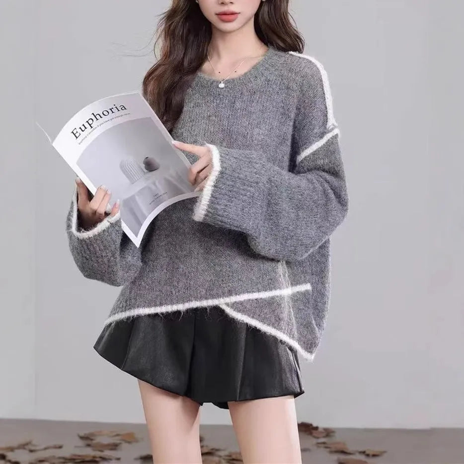 Women's loose fit pullover jumper in gray, made from cotton with regular sleeves and free size design