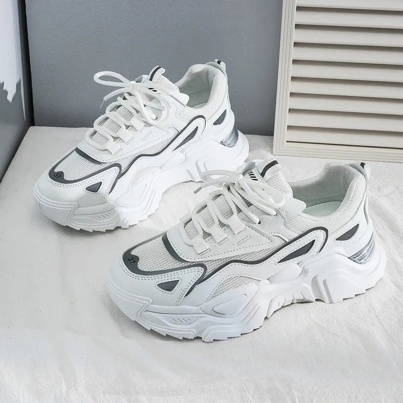 Women's dad shoes thick-soled low-top platform sneakers in white, black, and beige on a light background
