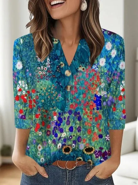 Women's casual V-neck top with 3D printed pattern in loose Japanese Korean style