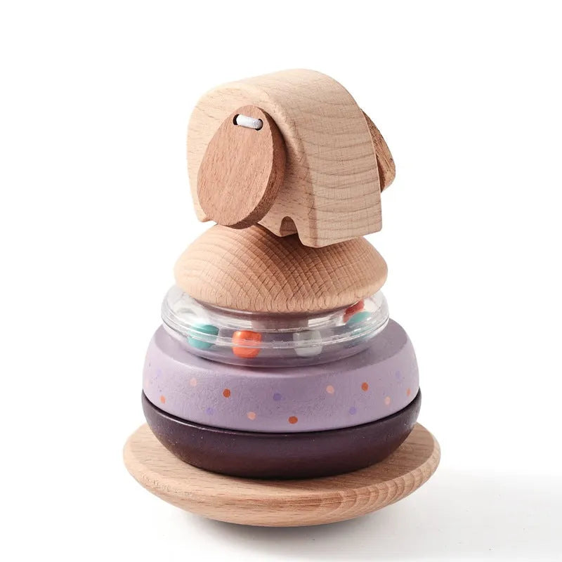 Baby wooden stacking post set of shapes with elephant bell colour option in cowhide box