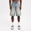 Men's loose straight-leg cotton jeans in light blue, black, or grey colour options.