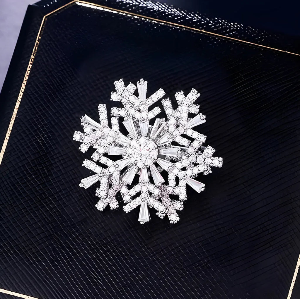 Luxury spinning snowflake brooch in alloy with diamond treatment, rotating silver snow crystal white, women's pin