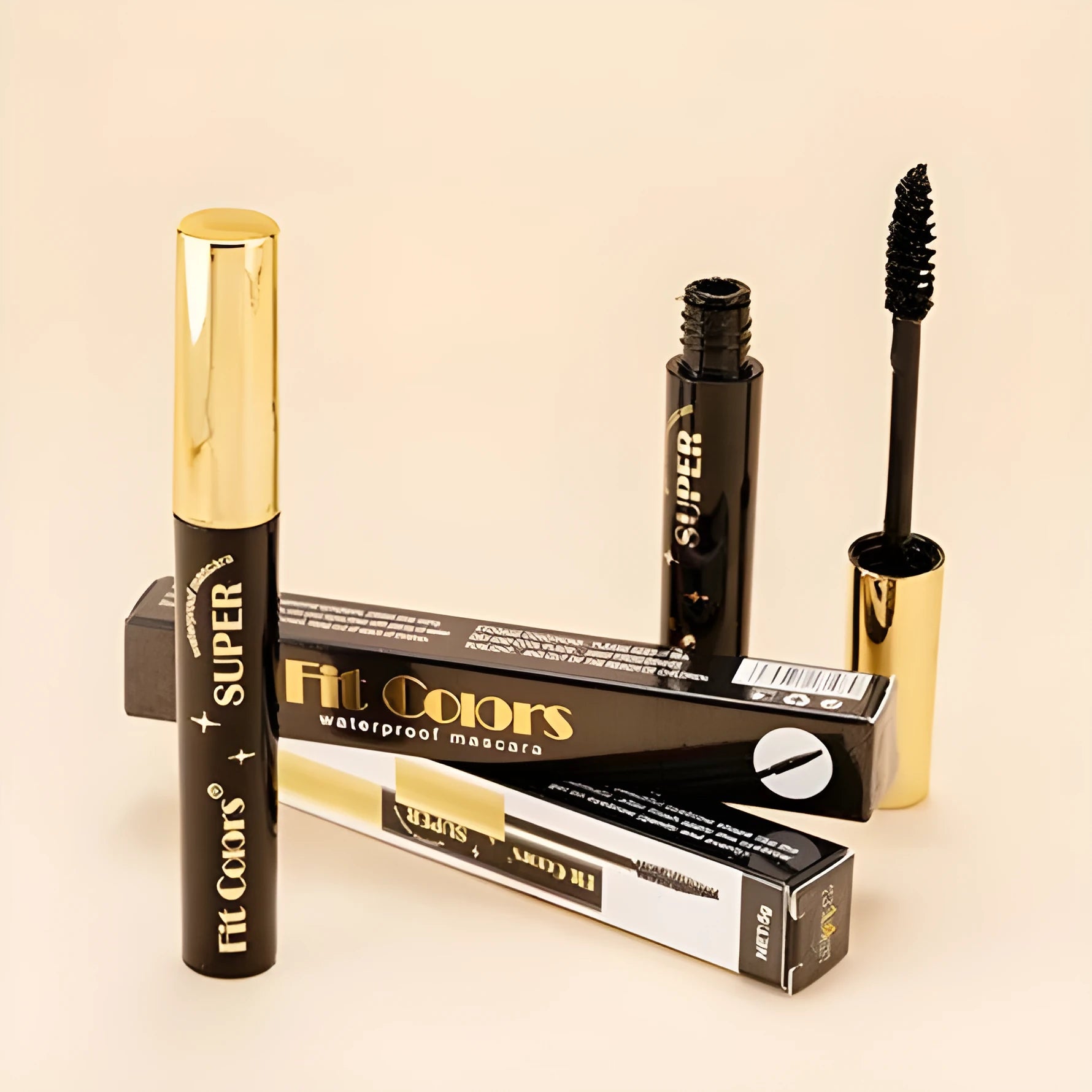Colourful mascara tube and wand with vibrant shades for dramatic Christmas and stage eye makeup.