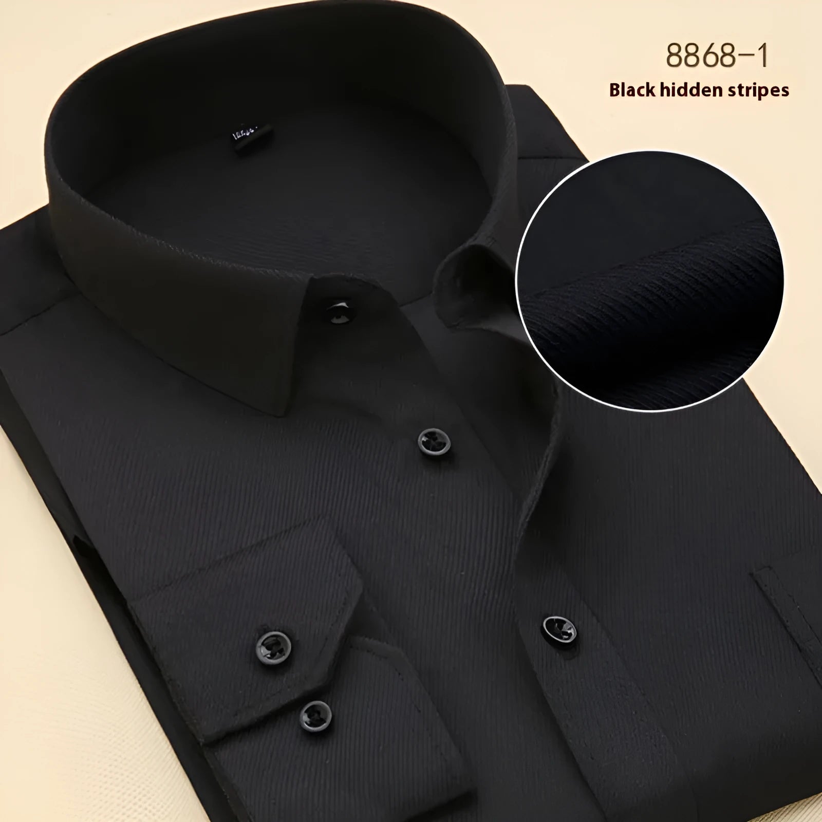 Men's black slim fit long sleeve cotton business shirt with cardigan style on a hanger.