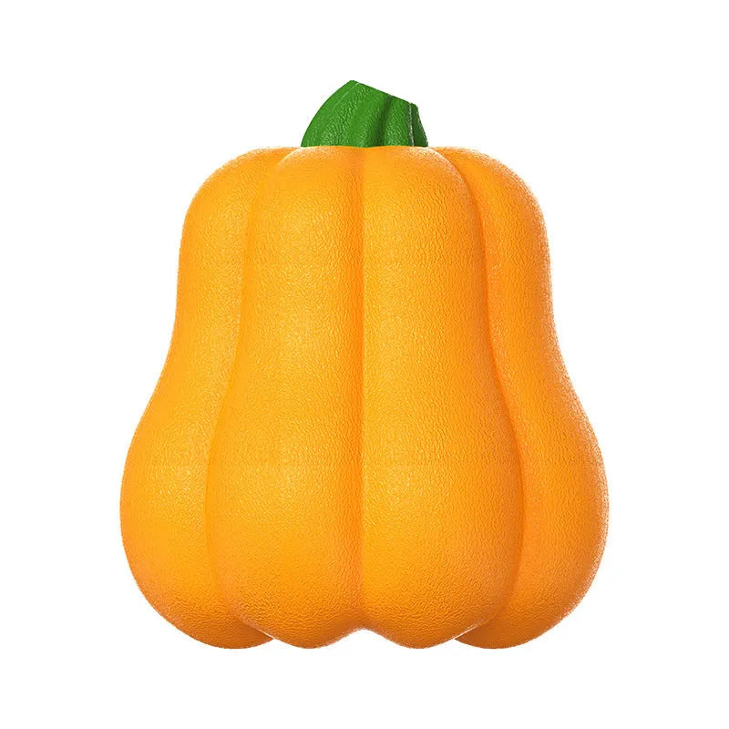 Orange plastic pumpkin-shaped dog toy with rope attached for throwing