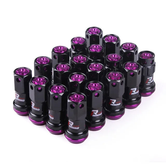 Set of aluminium alloy universal wheel hub nuts in various two-tone colours including black gold and red.