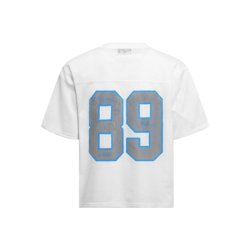 Black loose-fit t-shirt with white alphanumeric graphic print on the front.