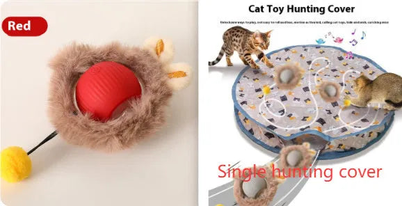 Silicone self-moving rolling ball cat toy in green, red, and grey colour options.