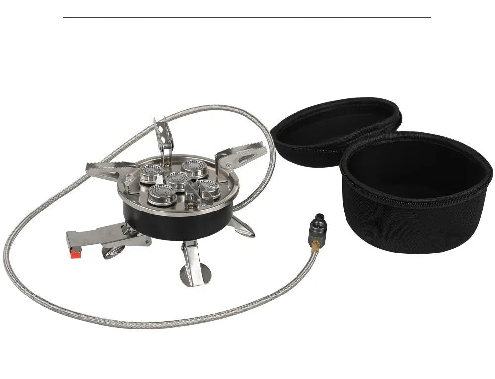 Silver portable split camping stove with stainless steel and copper construction, shown with 100cm hose.
