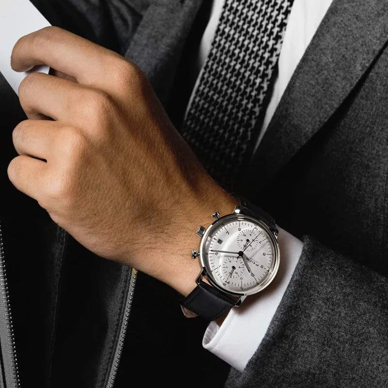 FM121 automatic mechanical watch silver case white dial black belt luminous hands 42mm