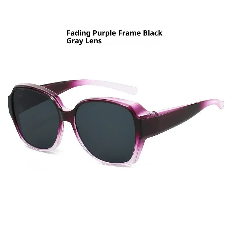 Large rim clip-on polarized sun glasses with black frame and black grey lens UV protection for women driving