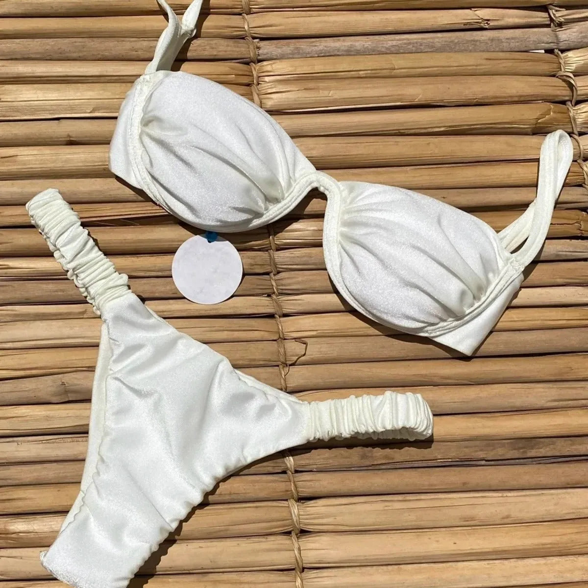 Women's underwire bikini swimsuit set in khaki, shown in a briefs style for fitness and swimming.