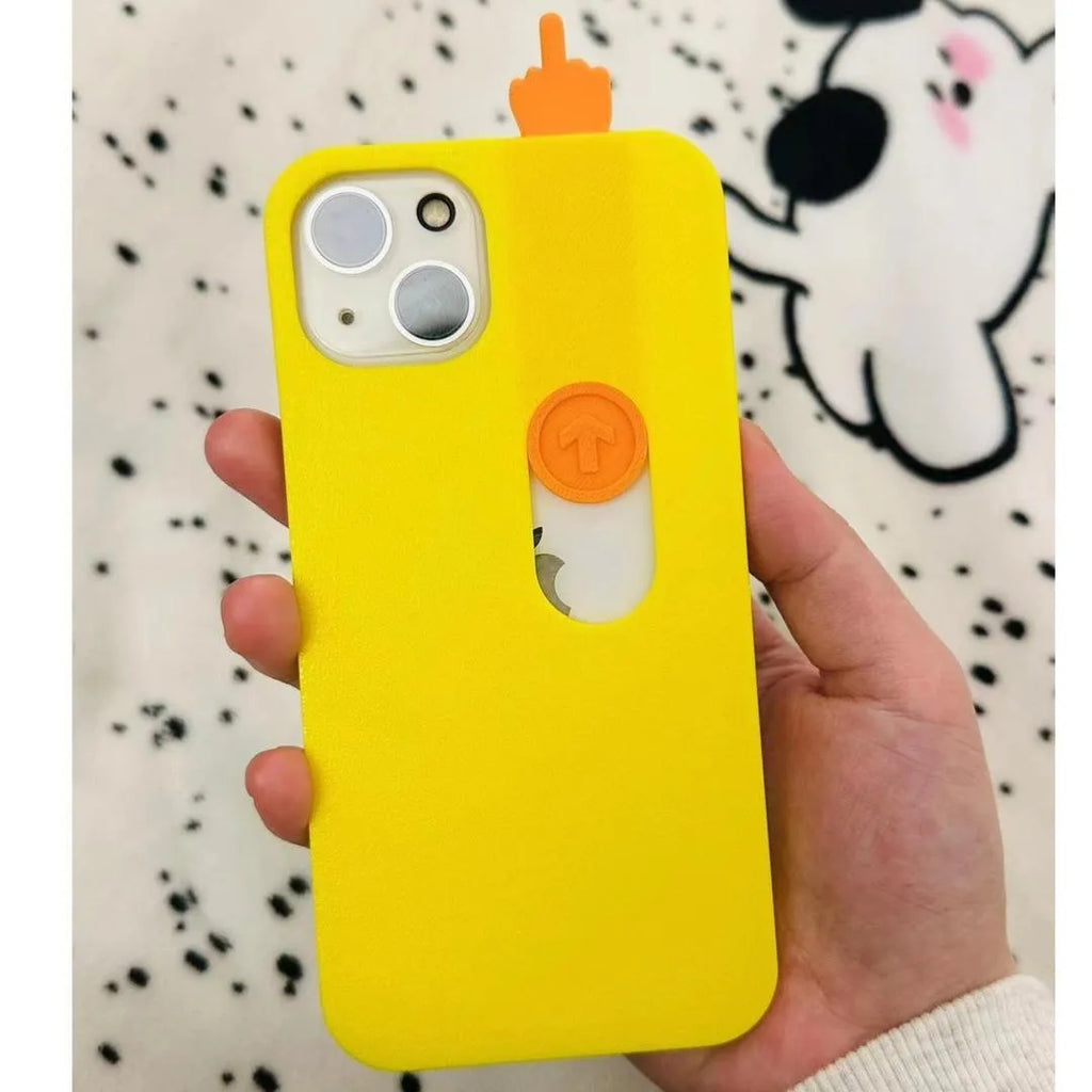 Bright yellow 3D printed sliding middle finger phone case for iPhone 14 Pro Max with spoof mechanism visible