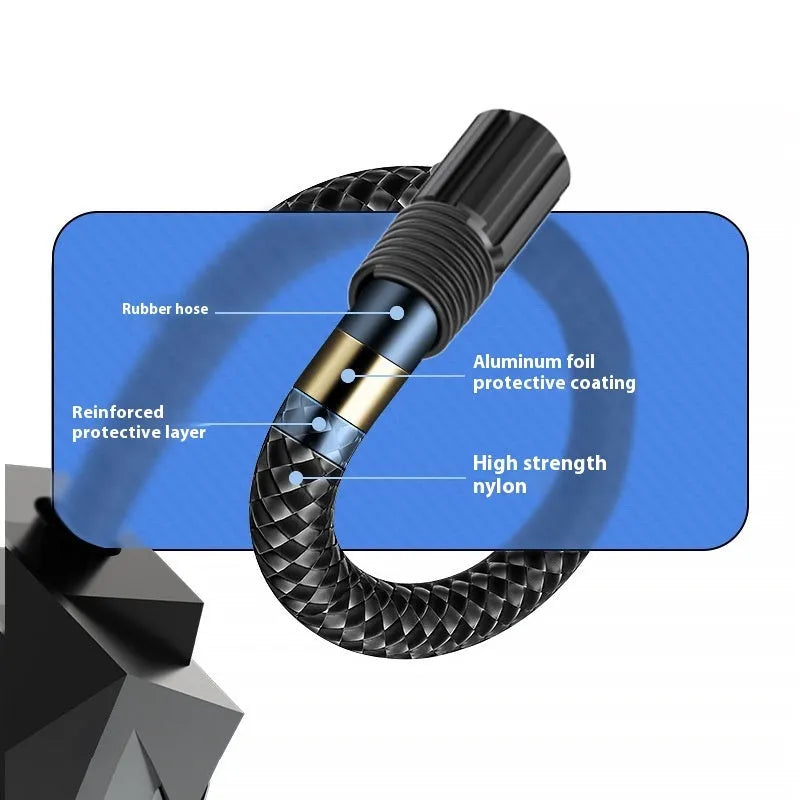 Black portable 12V car tyre inflator with digital display and LED light on ABS housing.