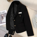 Black women's loose-fit short suit coat with long sleeves and pockets.
