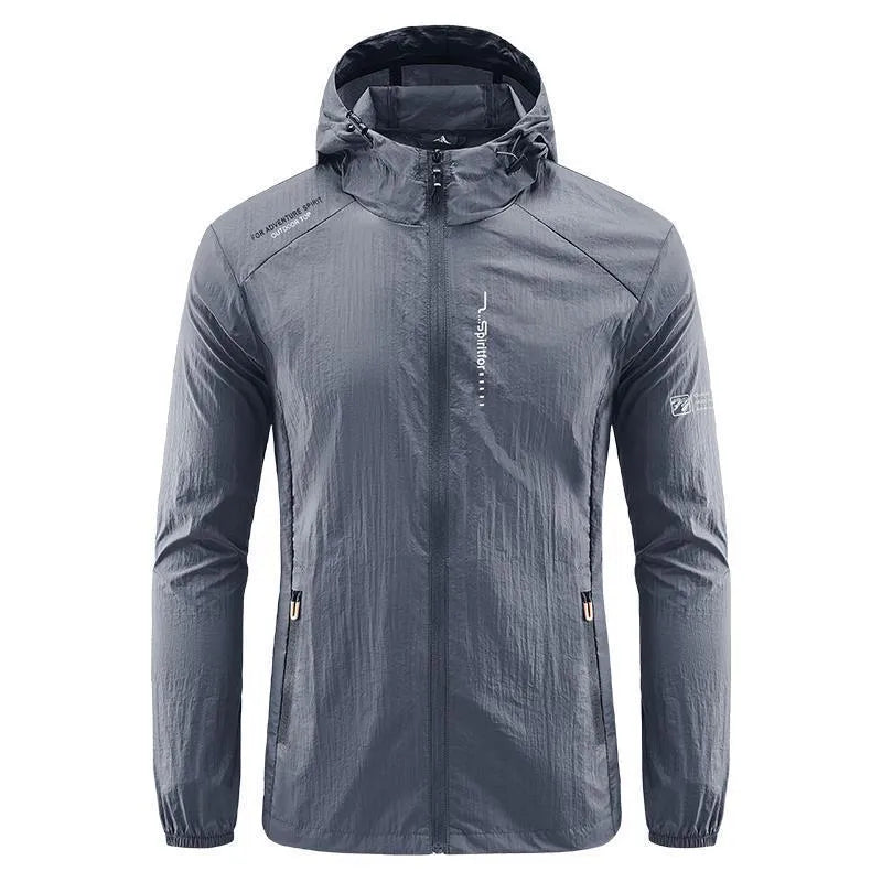 Men's thin summer hooded jacket in nylon fabric showing loose fit and available colour options