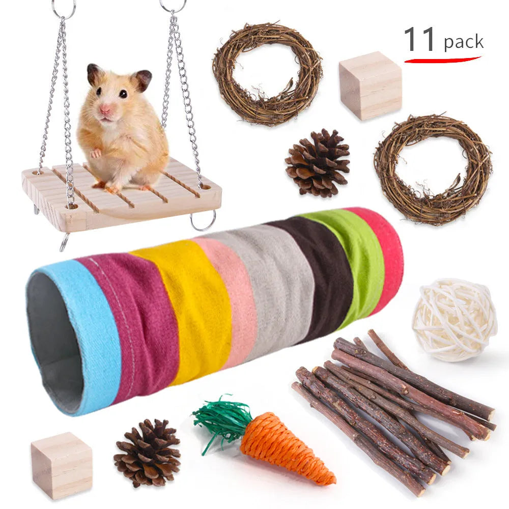 Wooden pet toy set with molar stick, straw mattress and woven balls for rabbits, guinea pigs and parrots