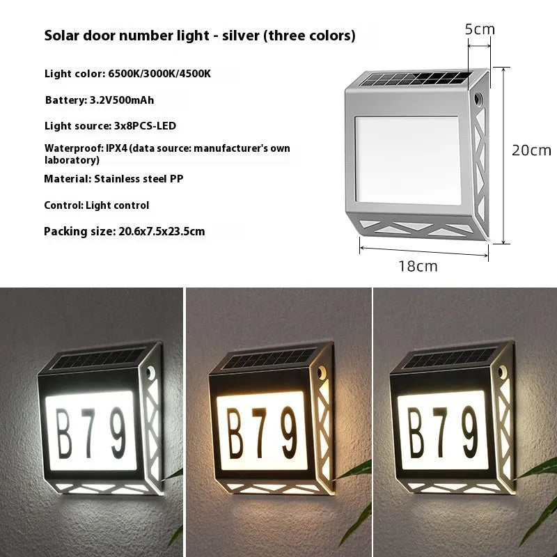 Black solar-powered metal doorplate light with LED house numbers and digital clock display