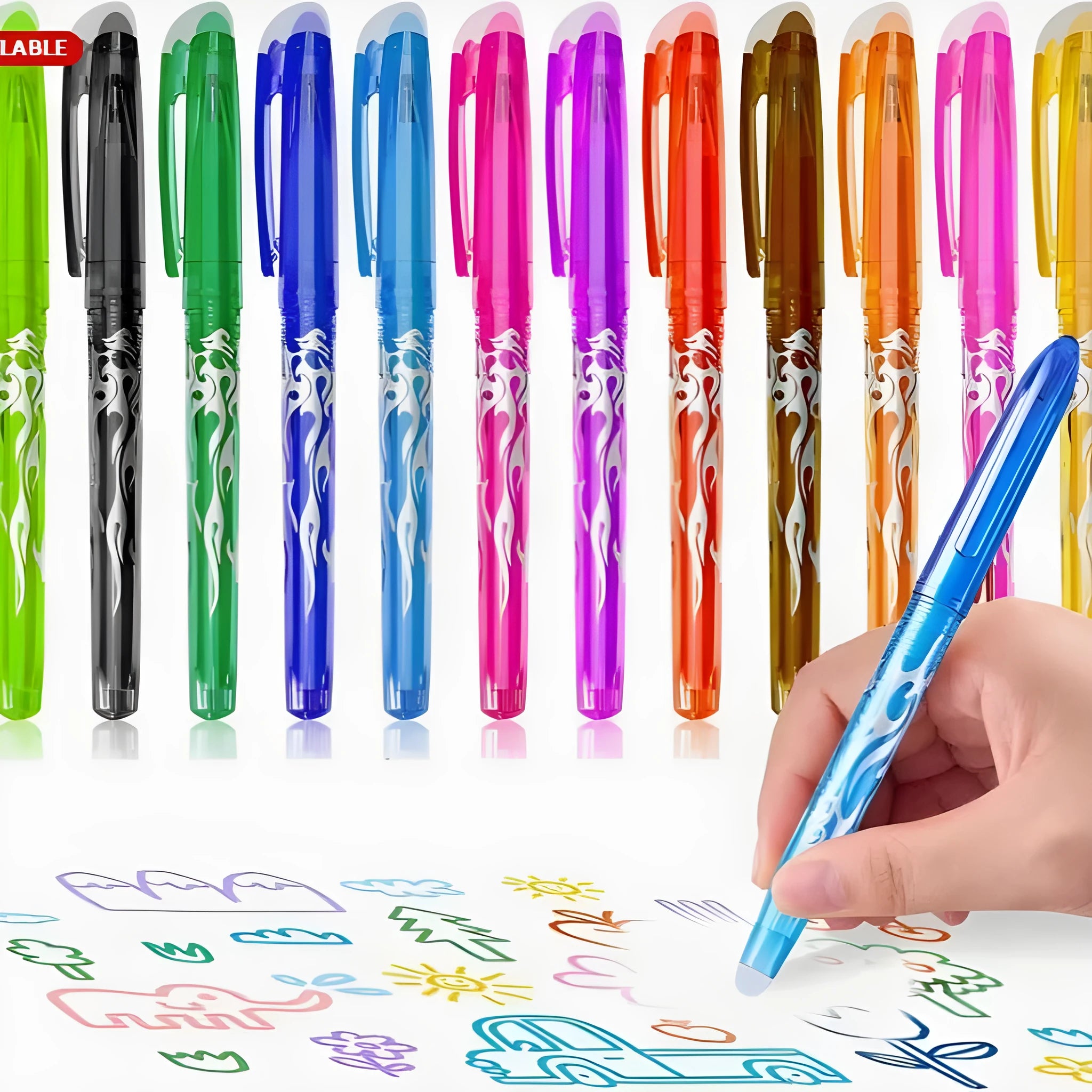Heat-erasable gel pens with plastic barrels and stainless steel nibs in multiple colours
