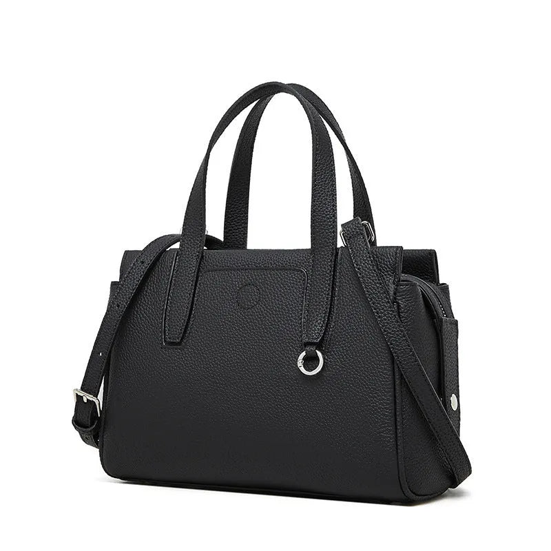 Genuine leather large-capacity crossbody bag in horizontal square shape in black colour with shoulder strap