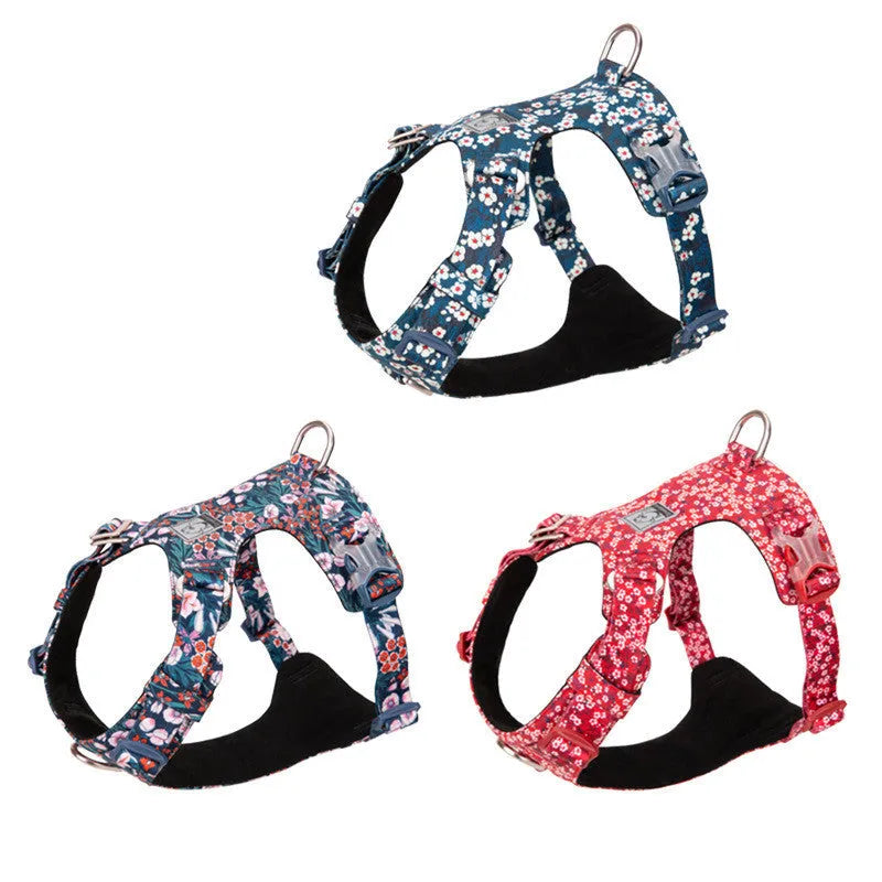 Pure cotton pet harness with floral pattern and chest strap in red, green, or blue colours