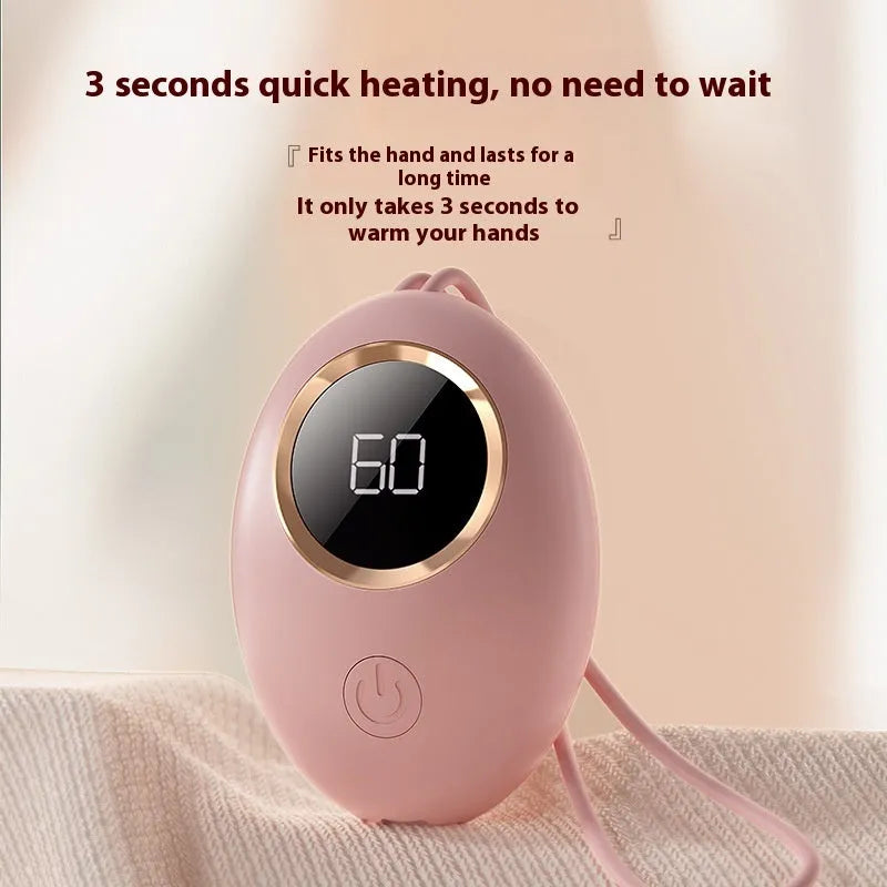 USB-powered hand warmer power bank with digital display in various colour options.