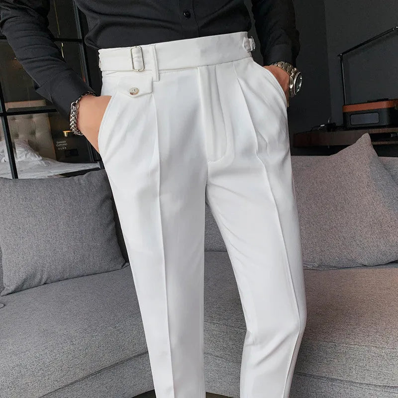 Straight leg casual trousers in solid colours on a size chart background.