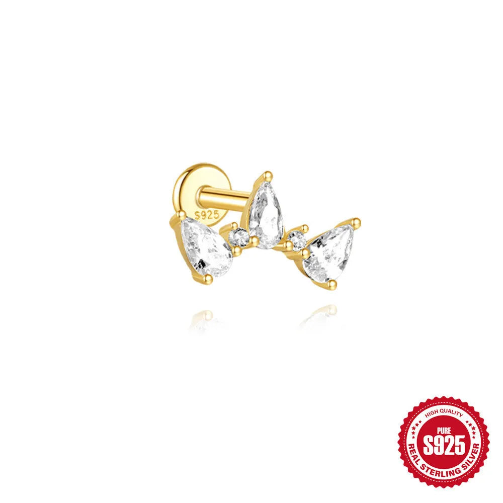 S925 sterling silver water drop shaped earring with a flat spiral puncture pattern, in a gold tone finish.