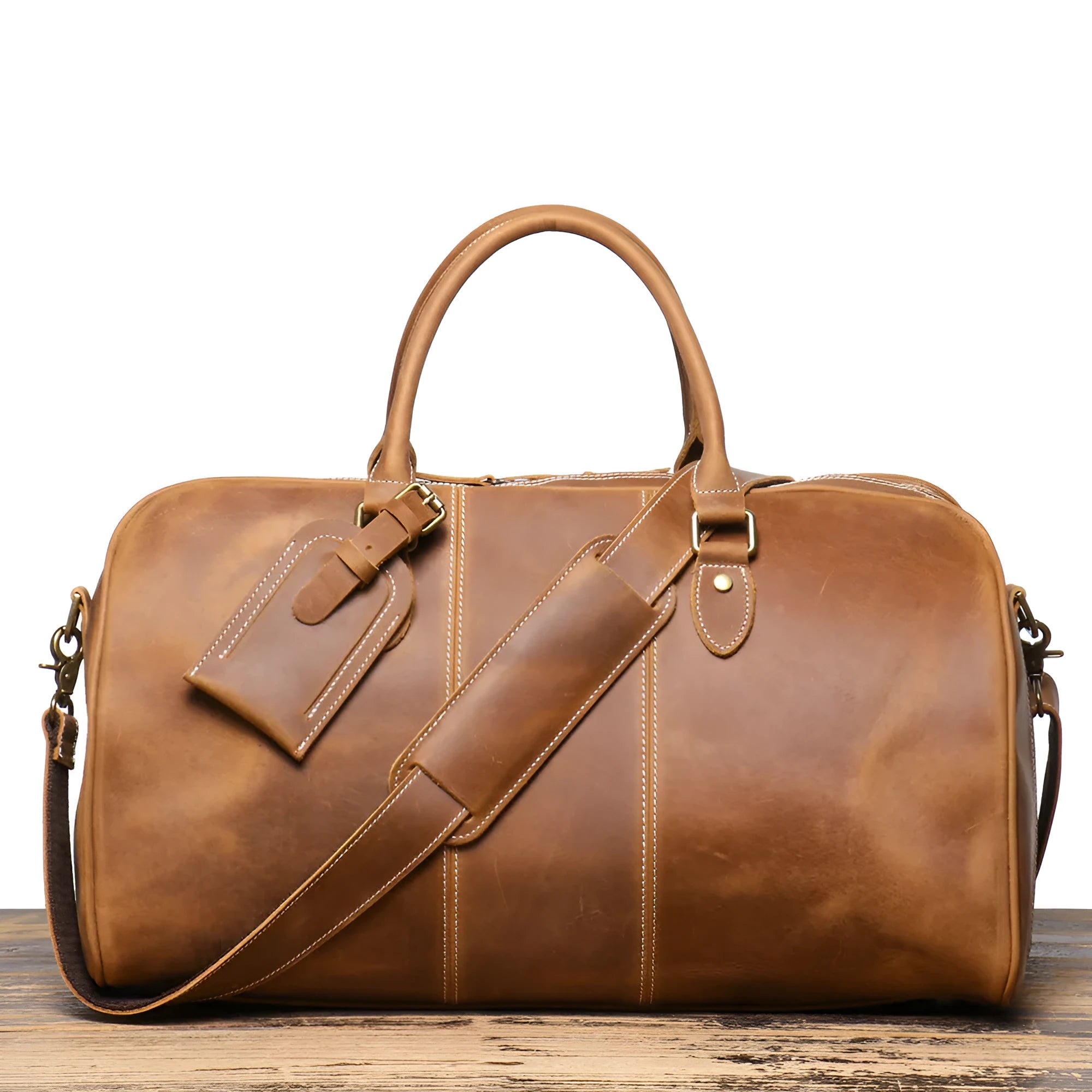 Retro genuine leather travel bag in vintage brown with sewing line detailing and shoulder strap