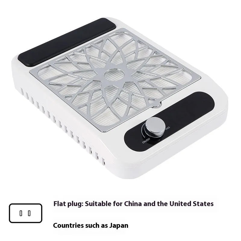 White nail dust collector with adjustable speed control and filter net for salon dust removal