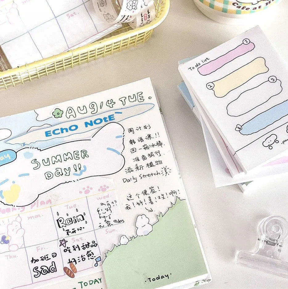Pack of cartoon hand design sticky notes showing six different style options and three size formats.