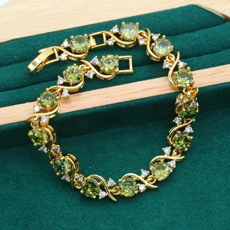 Women's zircon jewellery set with electroplated copper necklace, earrings, and ring in olive green or red colours