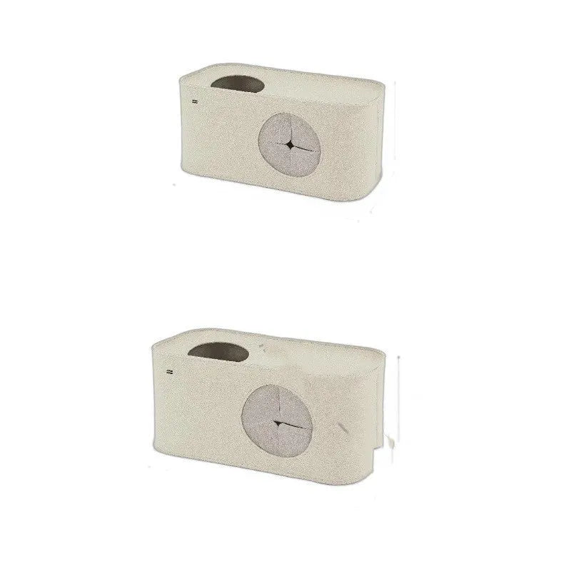 Khaki coloured foldable felt cat nest bed shown next to a grey one, demonstrating the two size options available.