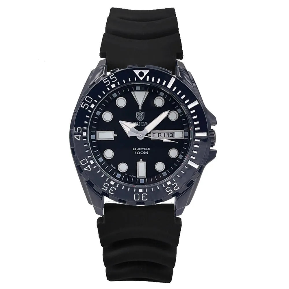 Waterproof men's sports watch with luminous quartz movement showing blue dial and steel strap option