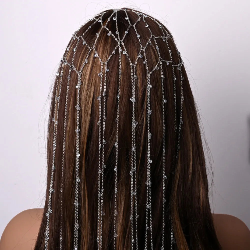 Gold or silver electroplated mesh rhinestone headband with tassel decoration
