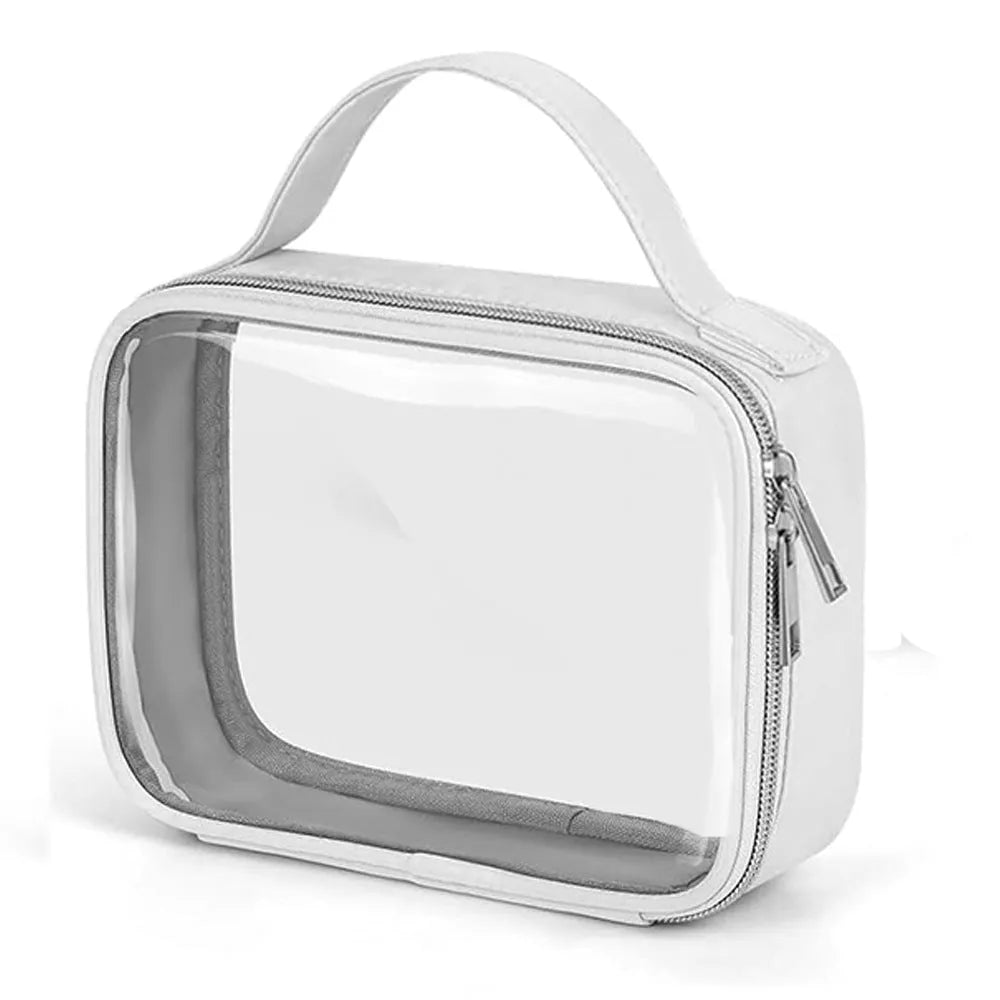 Clear PVC wash bag with chain handle for lipstick storage, shown in leopard print colour.
