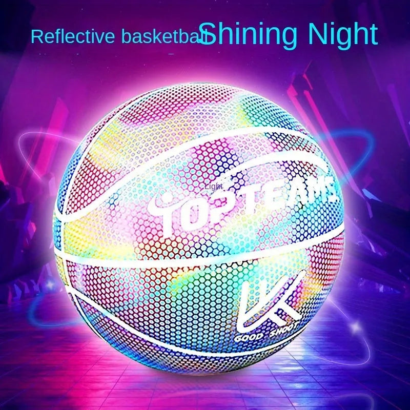 No. 7 size fluorescent basketball with holographic reflective surface on a court.