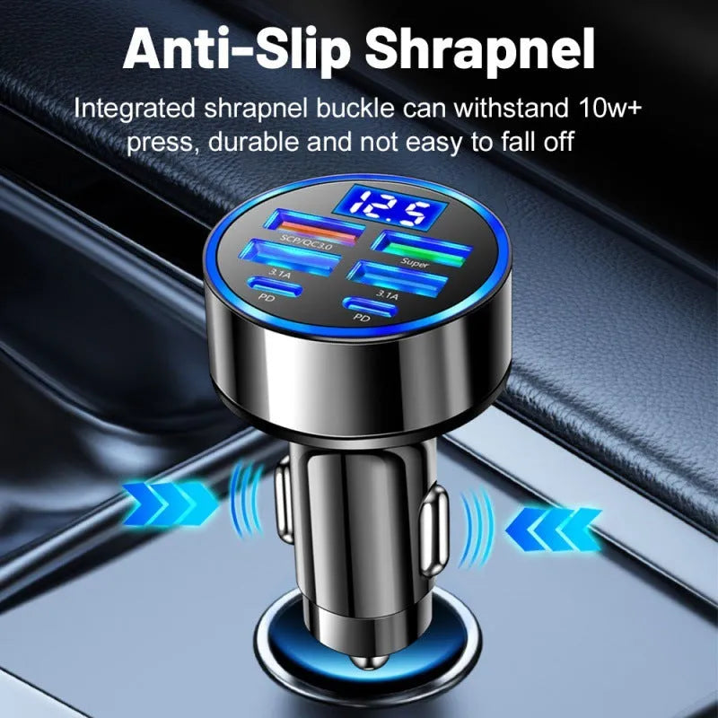 Six-in-one multi-port digital display car charger with 4 USB and 2 PD ports black 27W