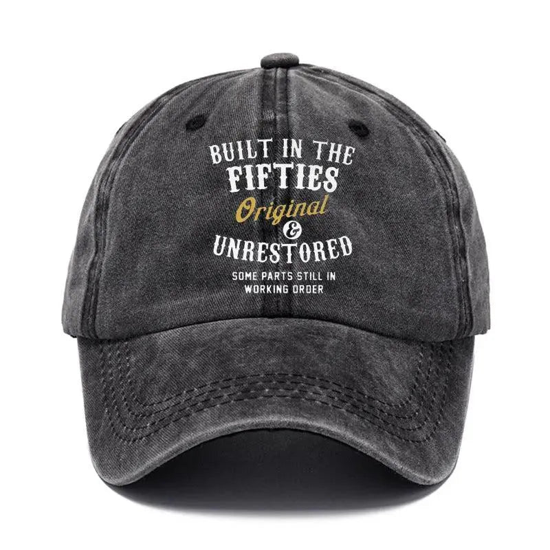 Washed print denim baseball cap with dome crown in retro style, available in multiple colours