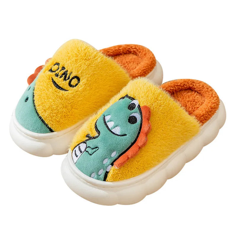 Plush cotton slippers with dinosaur designs and thickened sole for indoor couple use