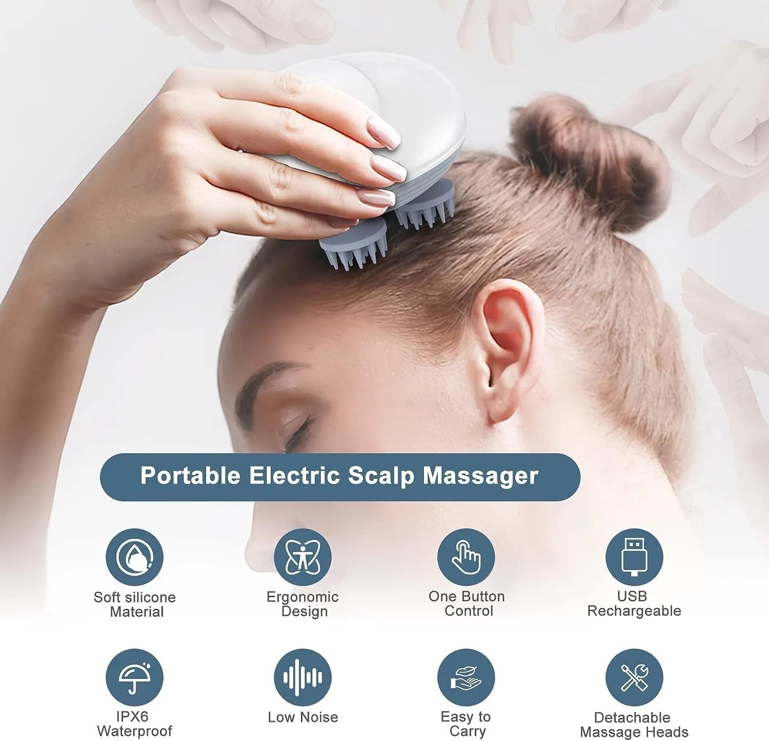 Blue electric pet massager with four rotating heads held in hand next to cat