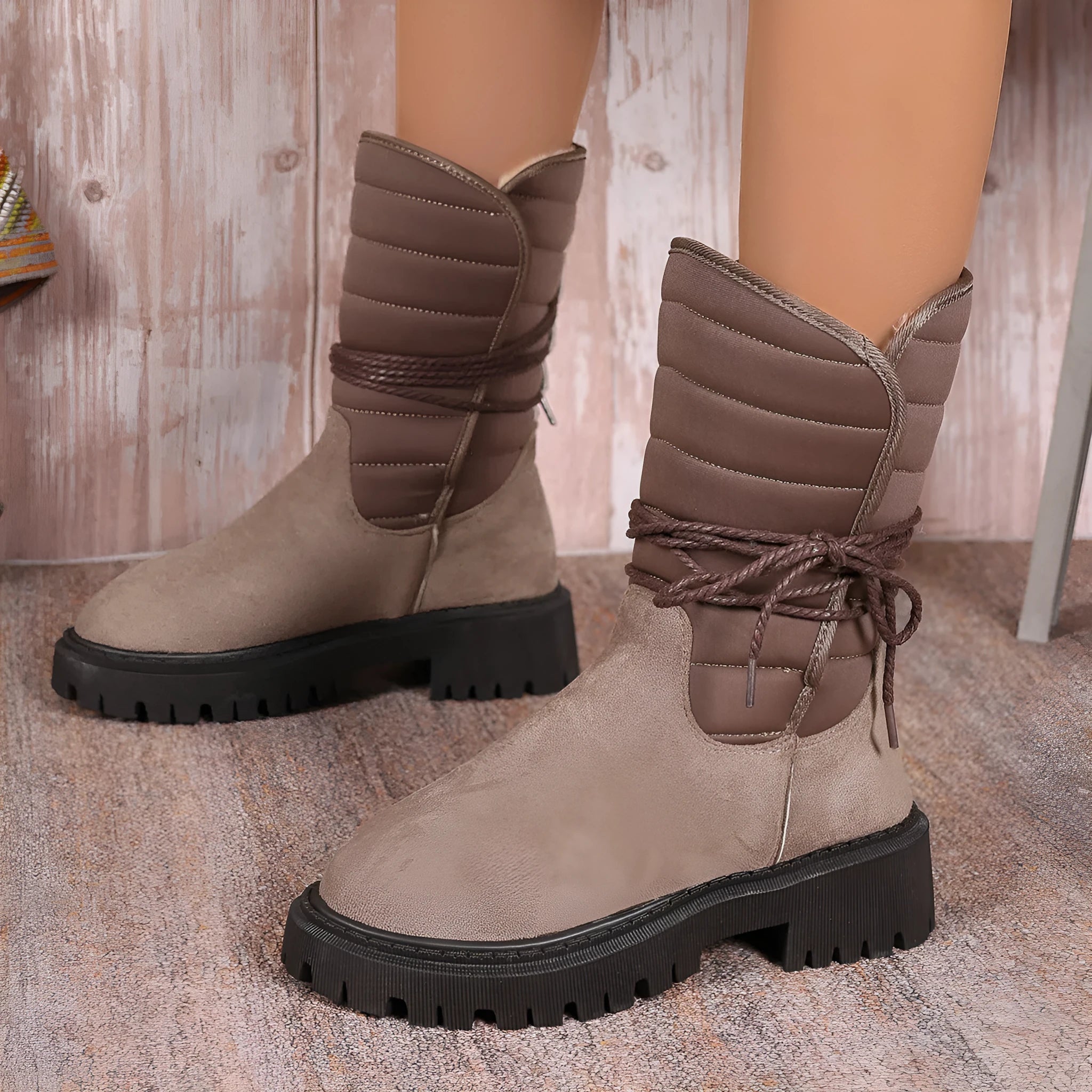 Women's chunky heel mid-tube snow boots in suede with fleece lining and lace-up design