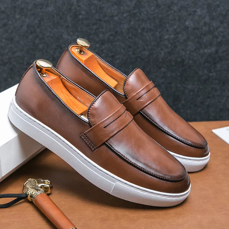 Plus size men's business casual board shoes in brown with flat heel, round toe, and rubber sole