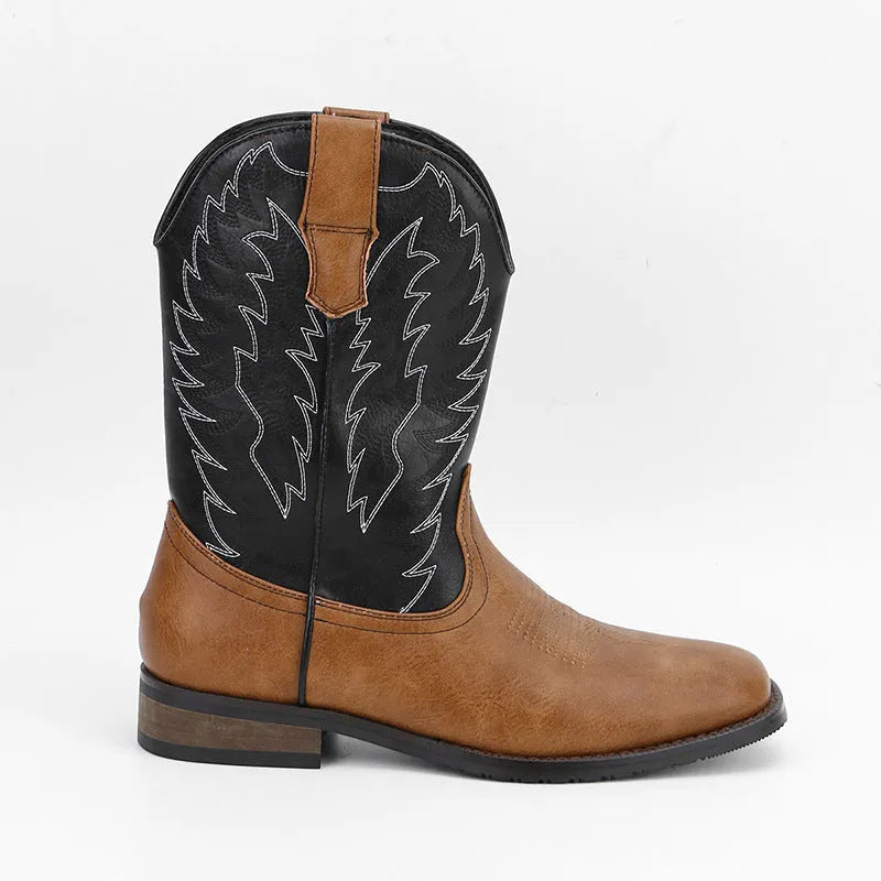 Men's black square toe motorcycle boots with embroidery details and wedge heel
