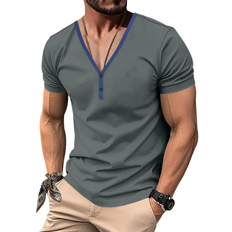 Men's slim-fit V-neck contrast colour Henley short sleeve top in polyester, available in black, white, wine red, gray, denim blue, brown